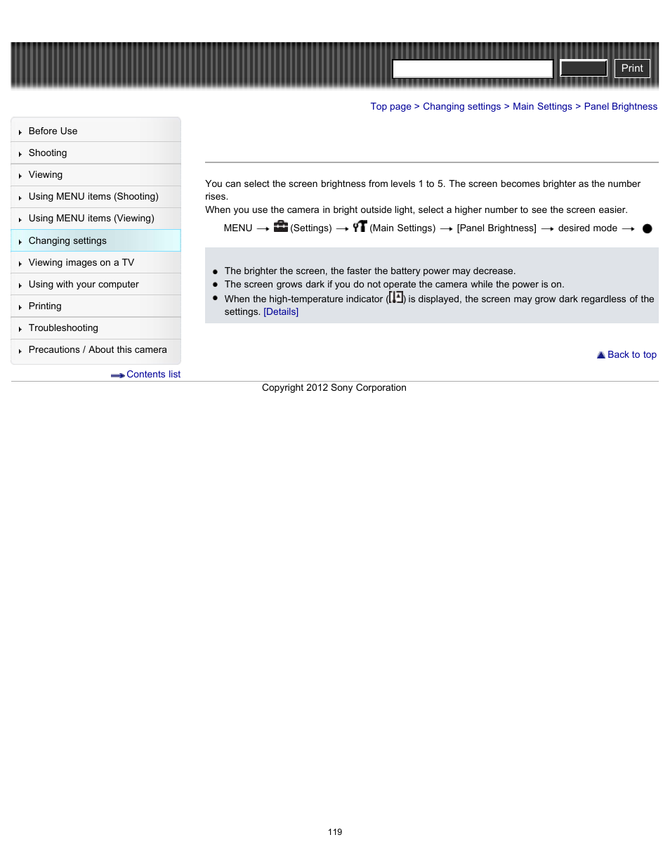 Panel brightness, Cyber-shot user guide | Sony DSC-H90 User Manual | Page 119 / 185