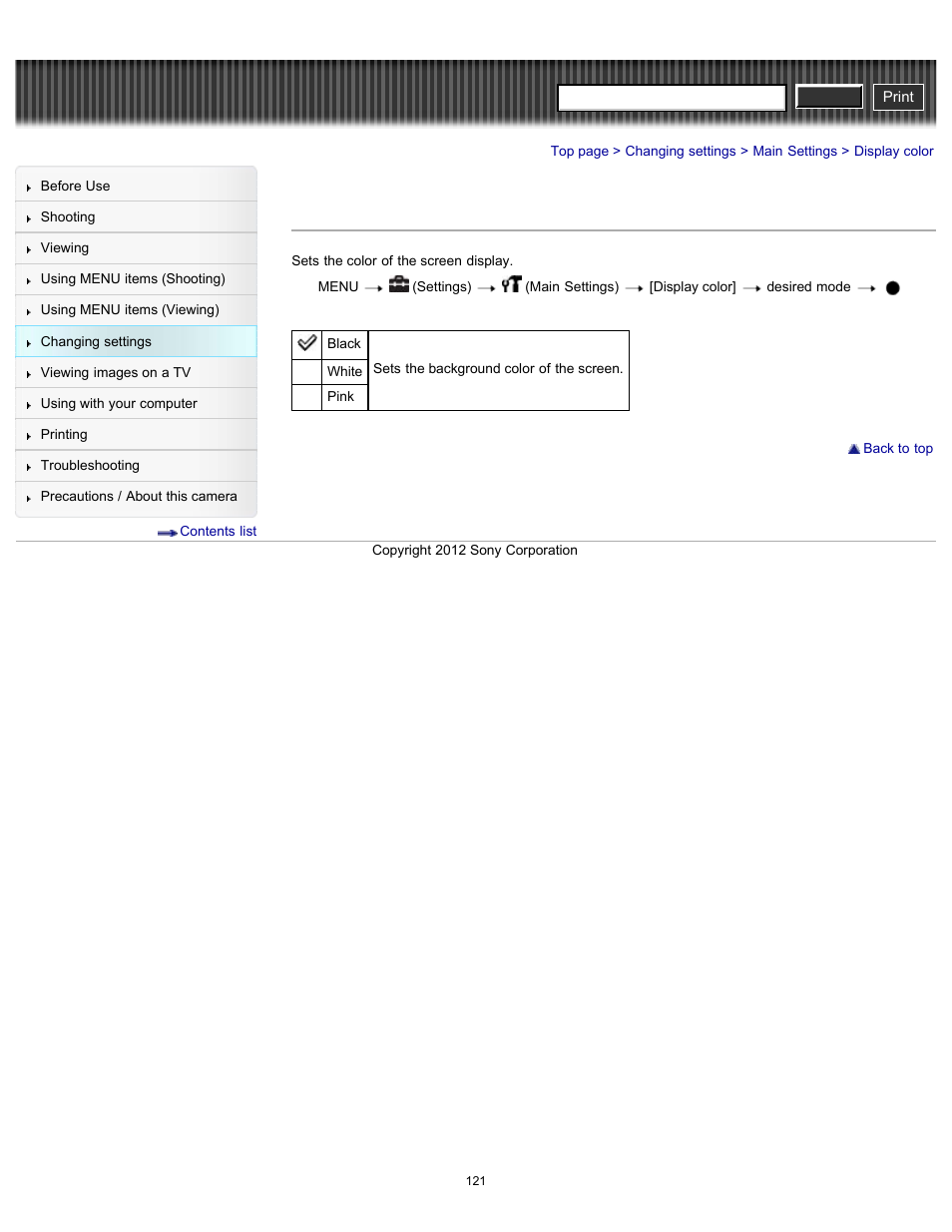Display color, Cyber-shot user guide | Sony DSC-H90 User Manual | Page 121 / 185