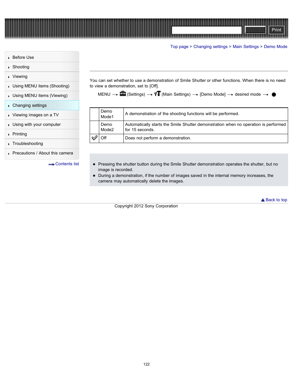 Demo mode, Cyber-shot user guide | Sony DSC-H90 User Manual | Page 122 / 185