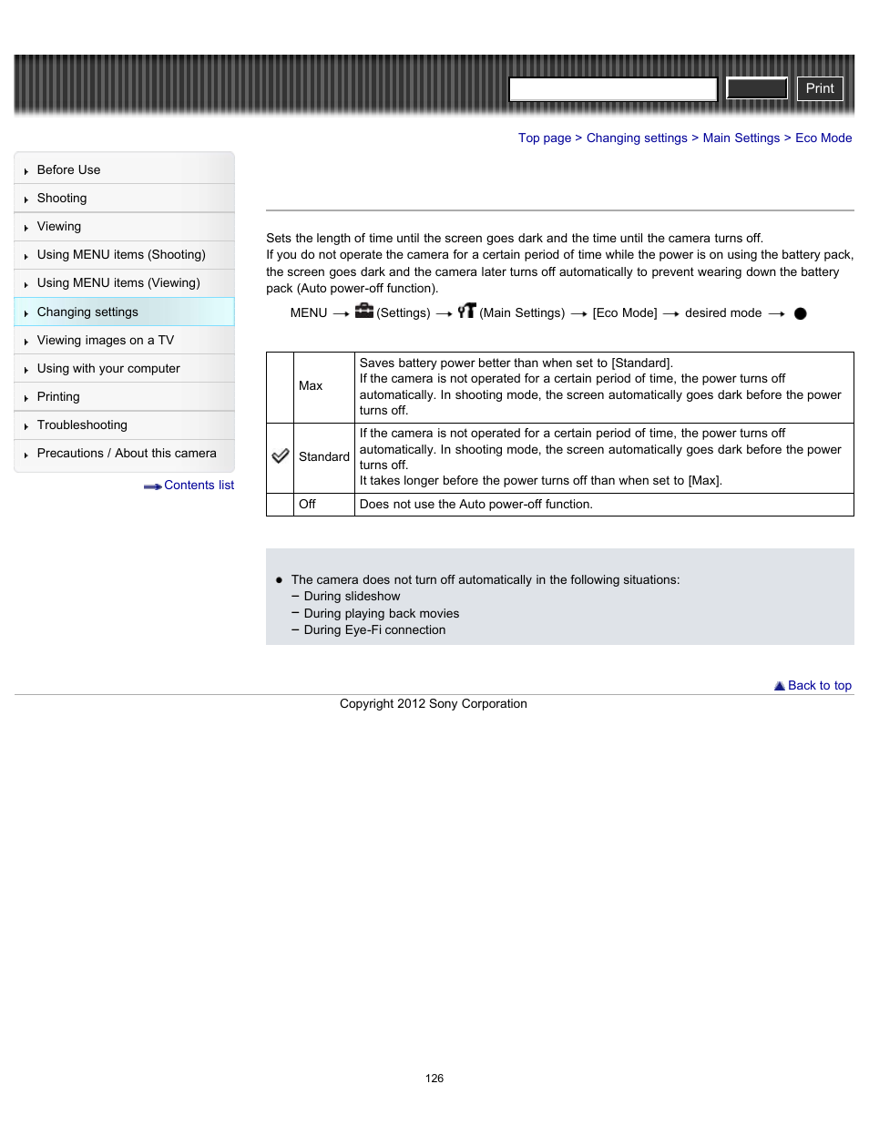 Eco mode, Cyber-shot user guide | Sony DSC-H90 User Manual | Page 126 / 185