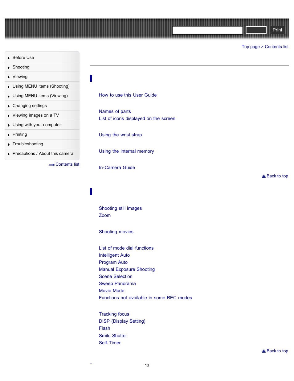 Contents list | Sony DSC-H90 User Manual | Page 13 / 185