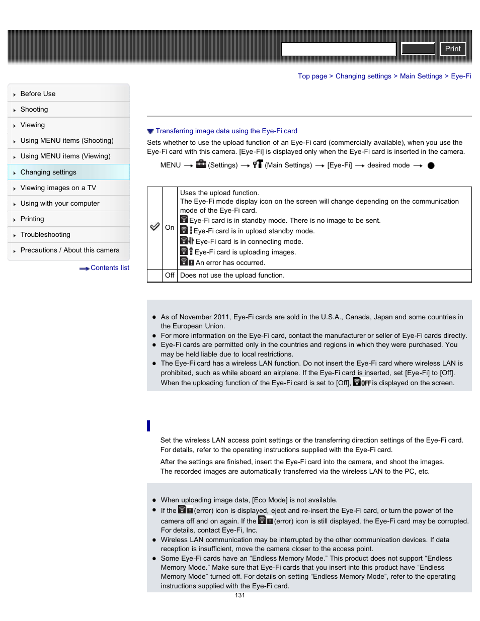 Eye-fi, Cyber-shot user guide | Sony DSC-H90 User Manual | Page 131 / 185