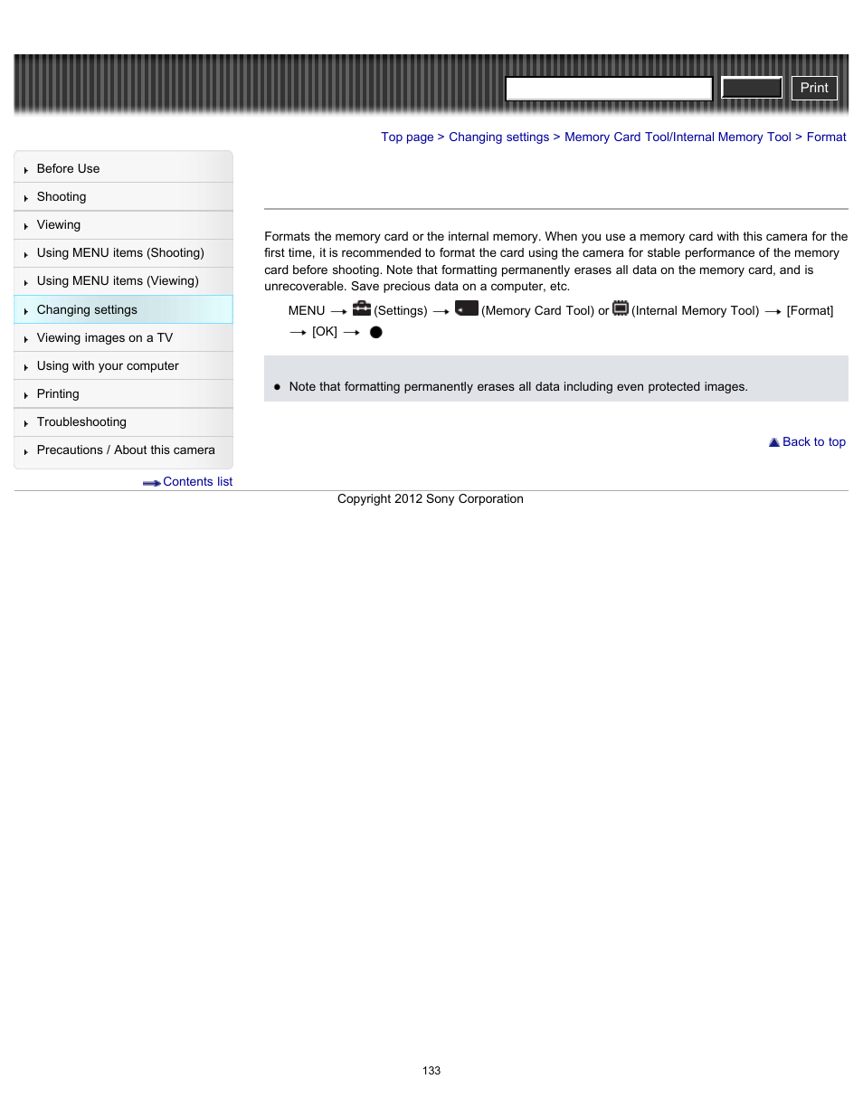 Format, Cyber-shot user guide | Sony DSC-H90 User Manual | Page 133 / 185