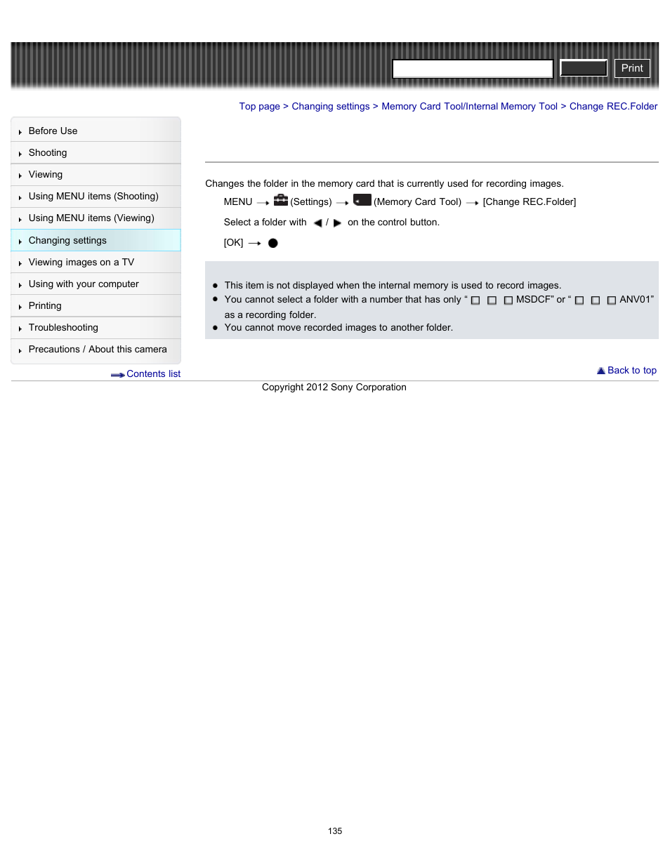 Change rec.folder, Details, Cyber-shot user guide | Sony DSC-H90 User Manual | Page 135 / 185