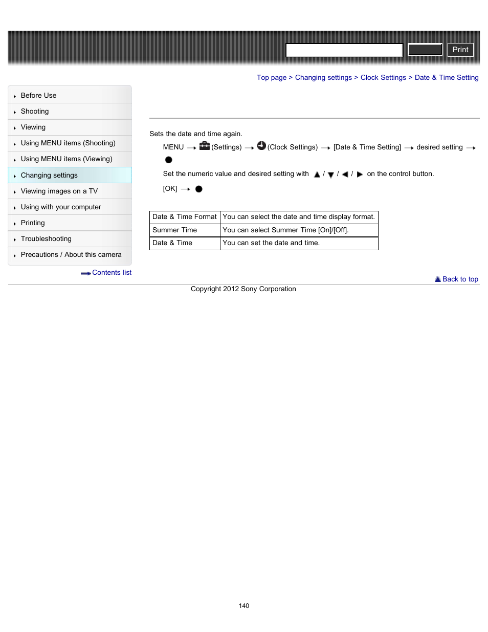 Date & time setting, Cyber-shot user guide | Sony DSC-H90 User Manual | Page 140 / 185