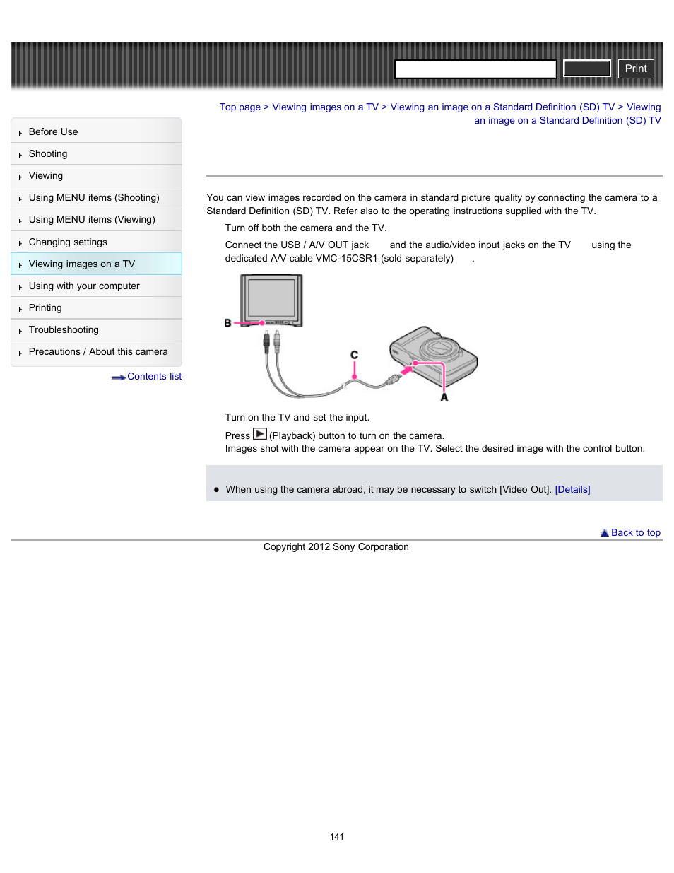Viewing an image on a standard definition (sd) tv, Cyber-shot user guide | Sony DSC-H90 User Manual | Page 141 / 185