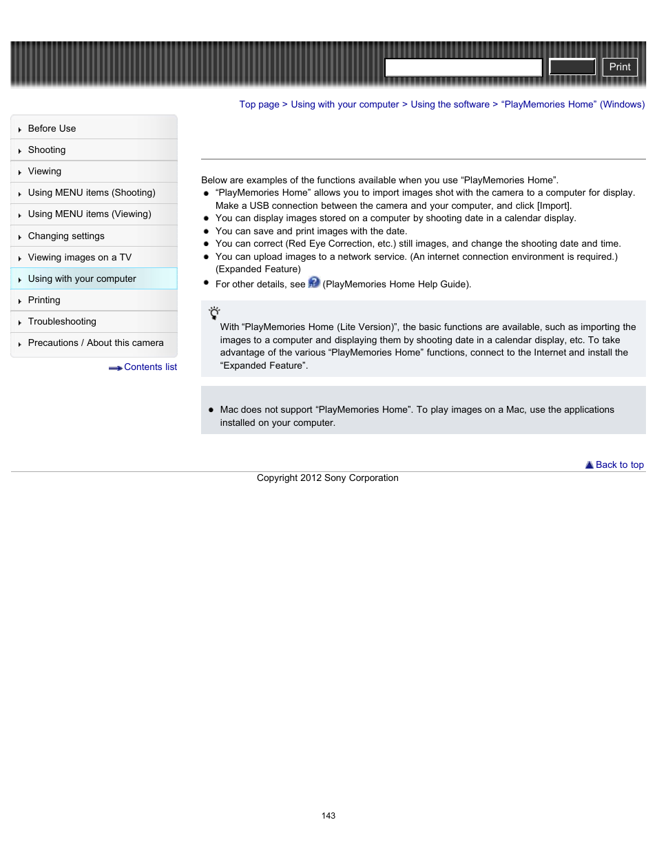 Playmemories home” (windows), Cyber-shot user guide | Sony DSC-H90 User Manual | Page 143 / 185