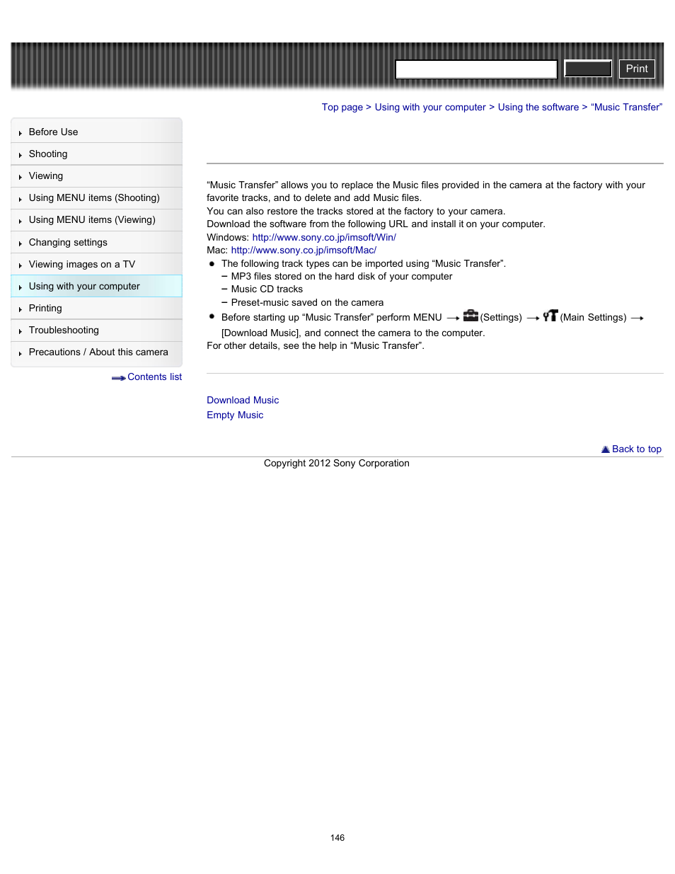 Music transfer, Cyber-shot user guide | Sony DSC-H90 User Manual | Page 146 / 185