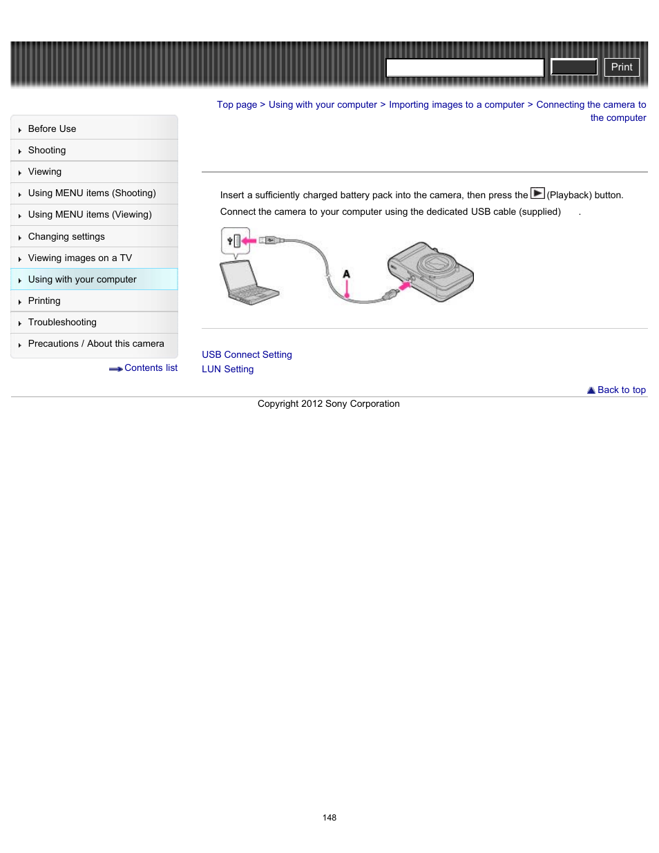Connecting the camera to the computer, Cyber-shot user guide | Sony DSC-H90 User Manual | Page 148 / 185