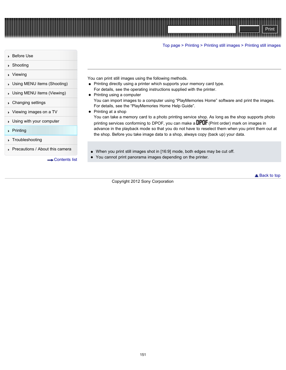 Printing still images, Cyber-shot user guide | Sony DSC-H90 User Manual | Page 151 / 185