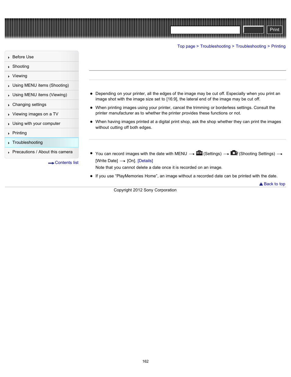 Printing, Cyber-shot user guide | Sony DSC-H90 User Manual | Page 162 / 185