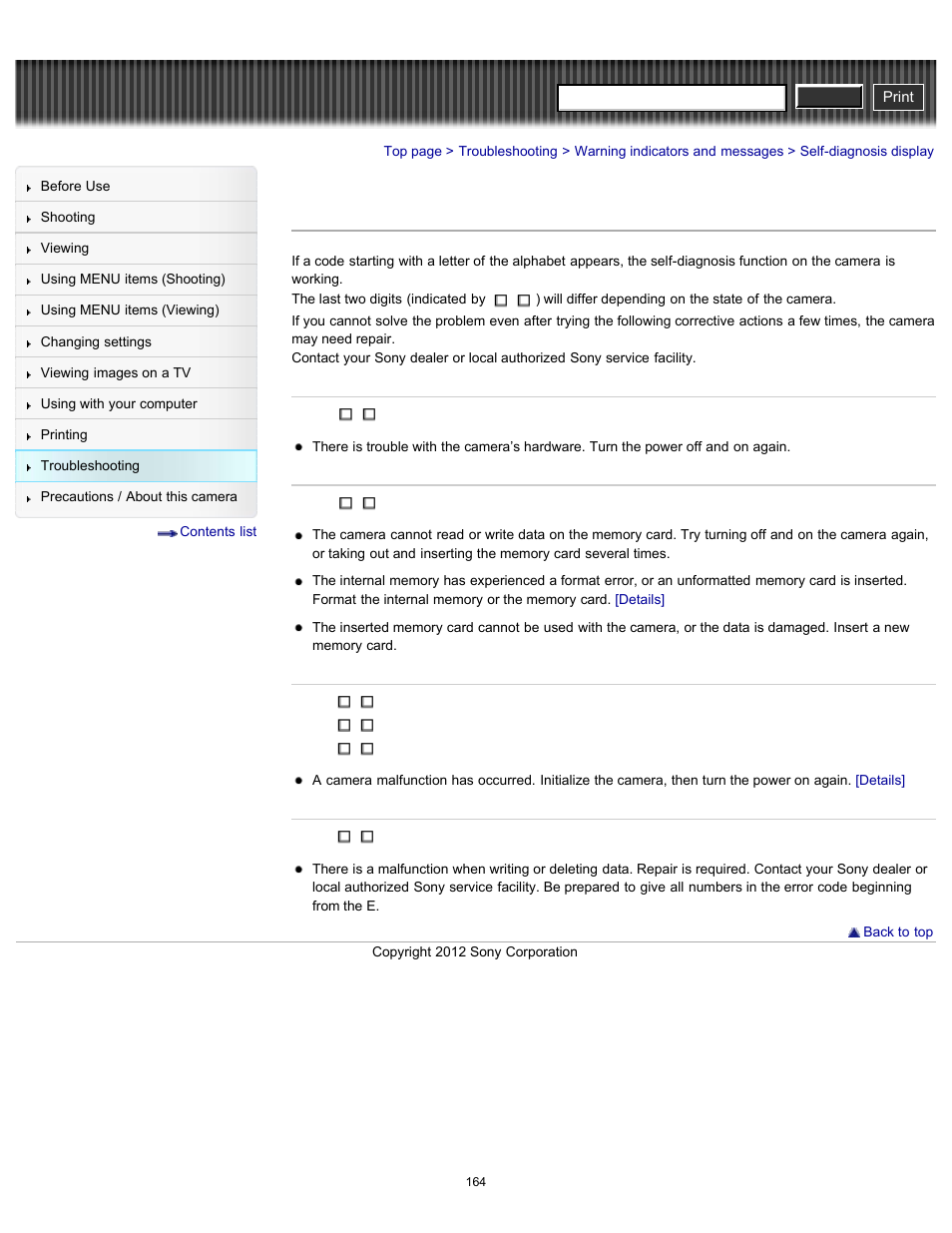 Self-diagnosis display, Cyber-shot user guide | Sony DSC-H90 User Manual | Page 164 / 185