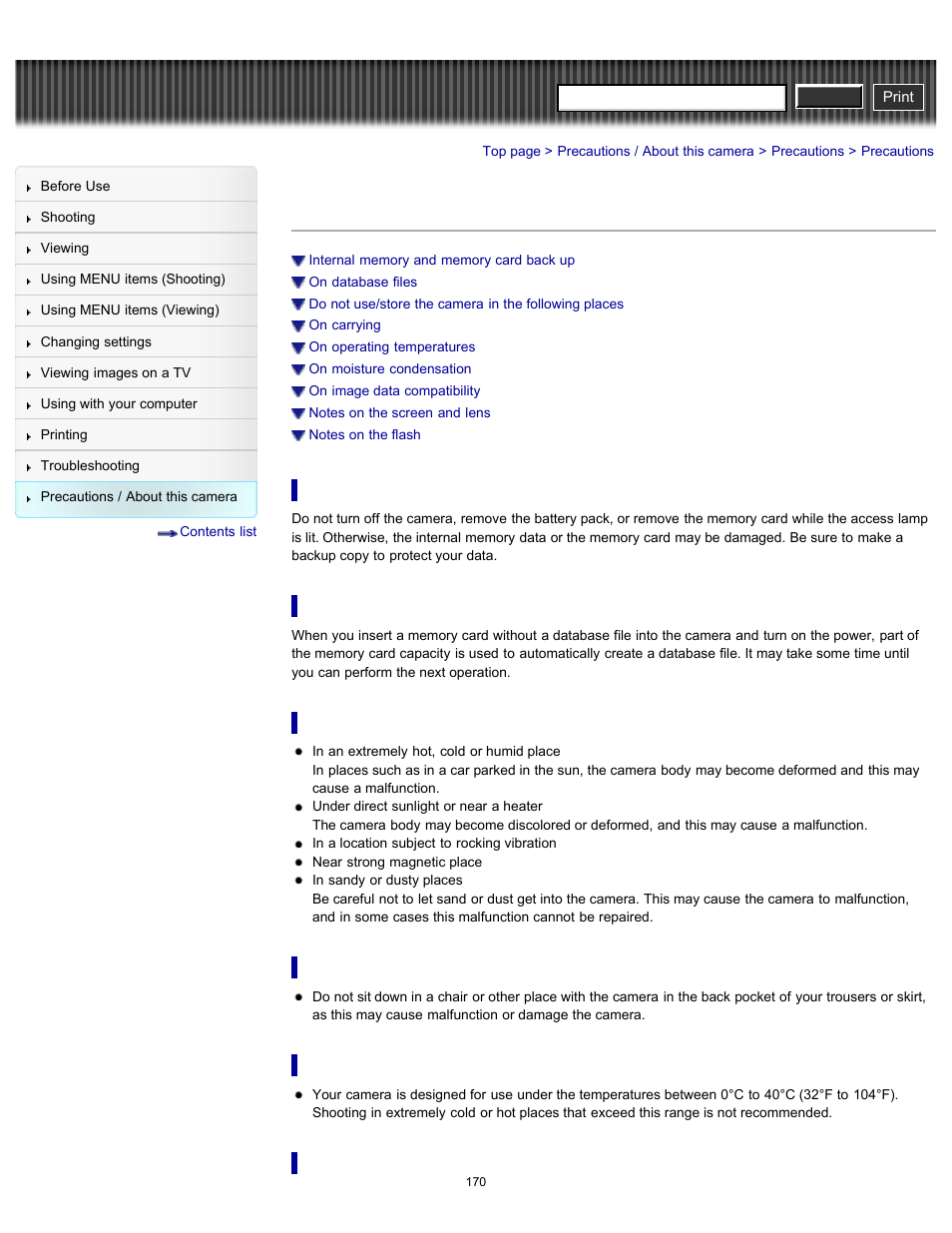 Precautions | Sony DSC-H90 User Manual | Page 170 / 185