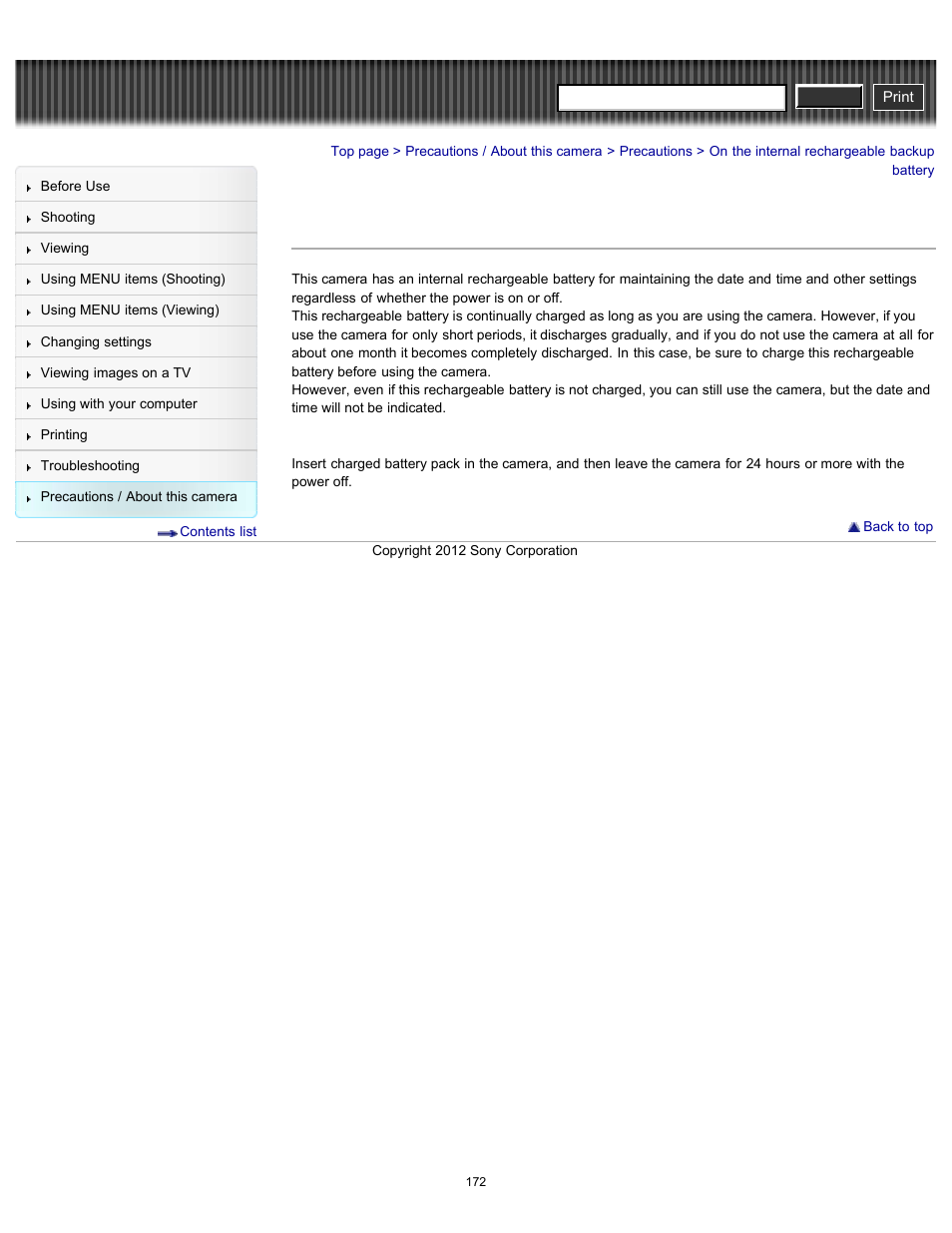 On the internal rechargeable backup battery, Cyber-shot user guide | Sony DSC-H90 User Manual | Page 172 / 185