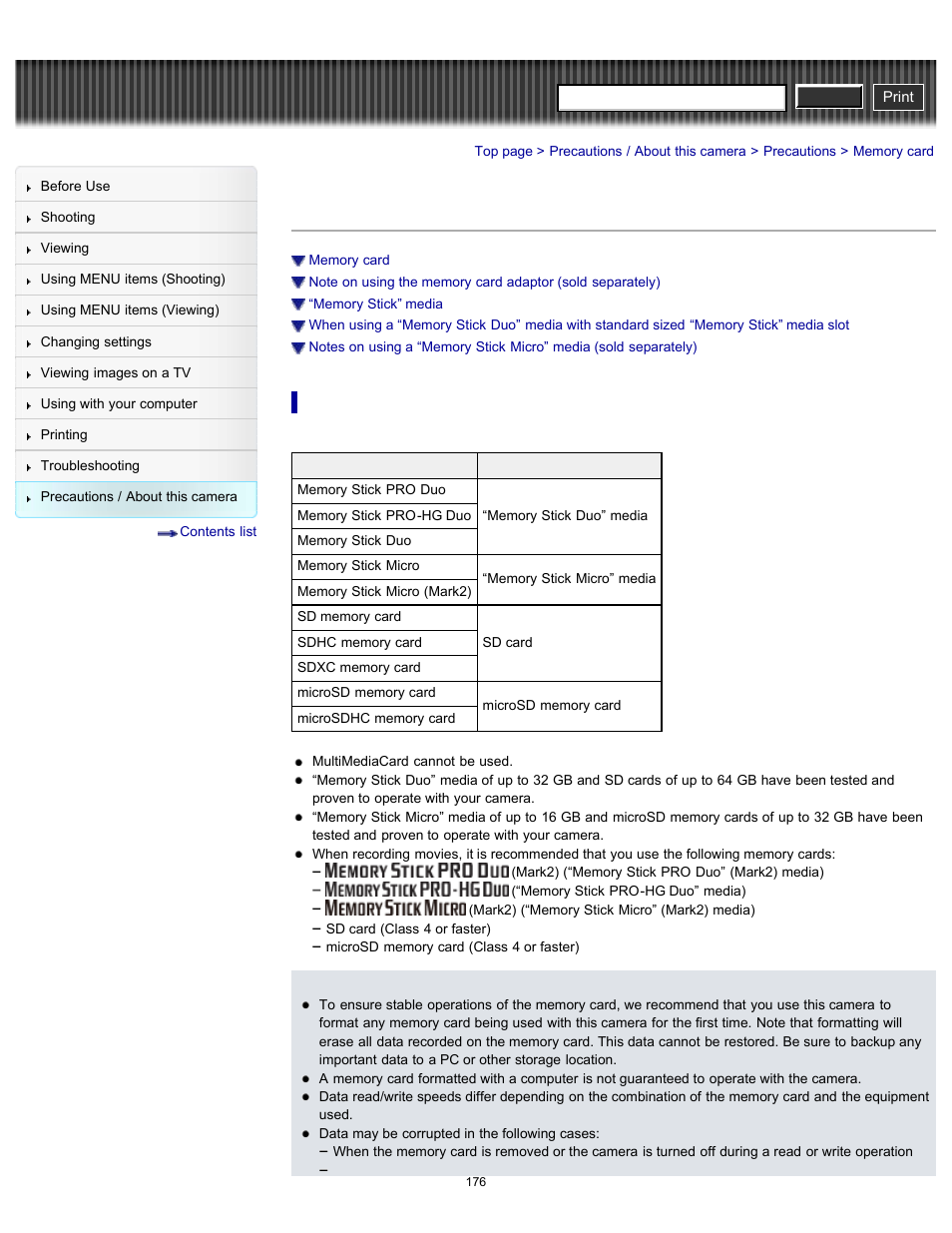 Memory card, Details, Cyber-shot user guide | Sony DSC-H90 User Manual | Page 176 / 185