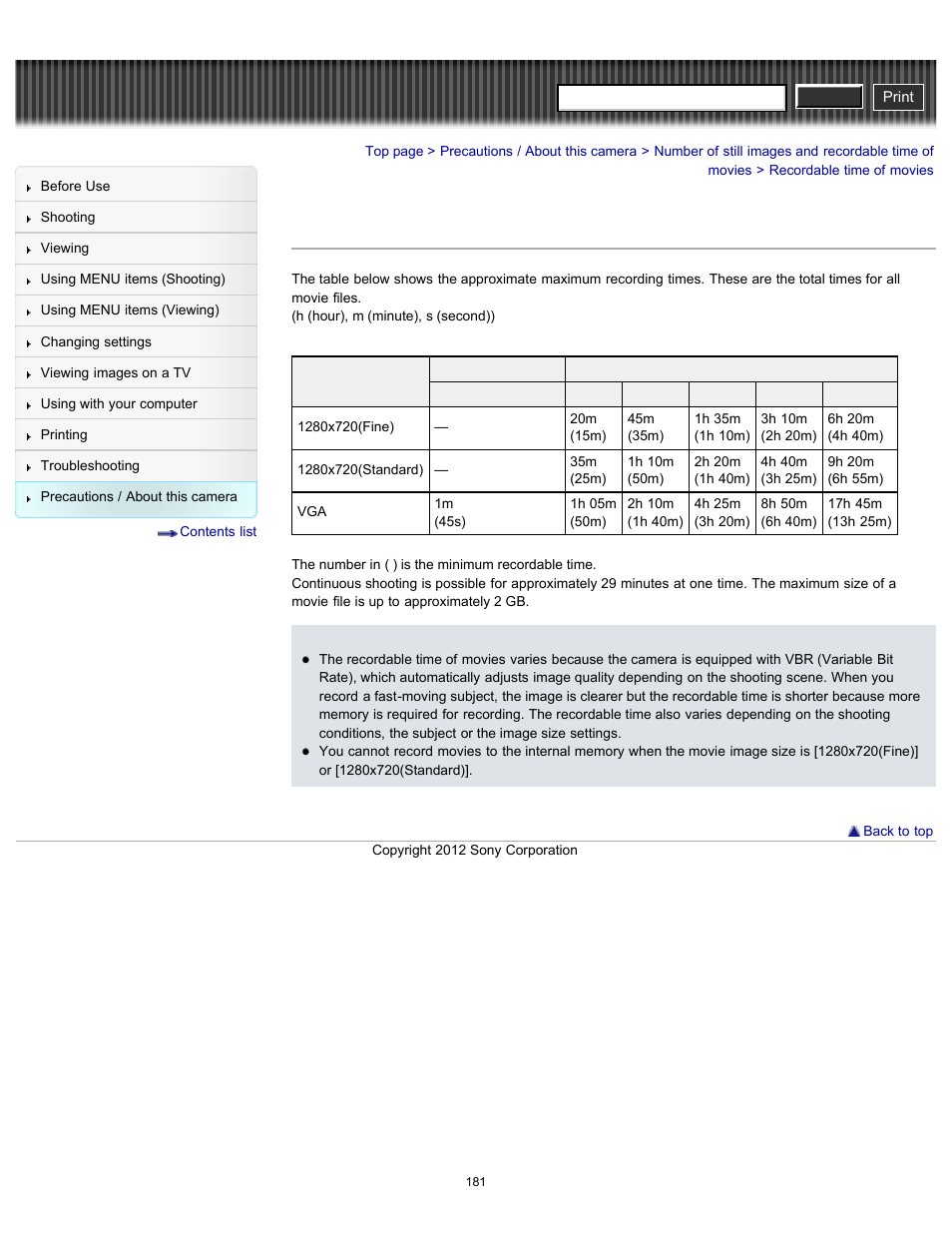Recordable time of movies, Cyber-shot user guide | Sony DSC-H90 User Manual | Page 181 / 185