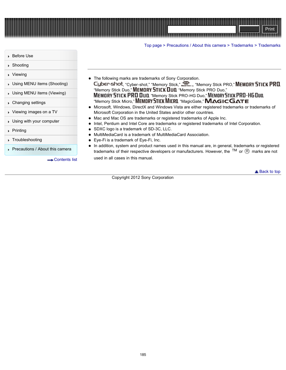 Trademarks, Cyber-shot user guide | Sony DSC-H90 User Manual | Page 185 / 185