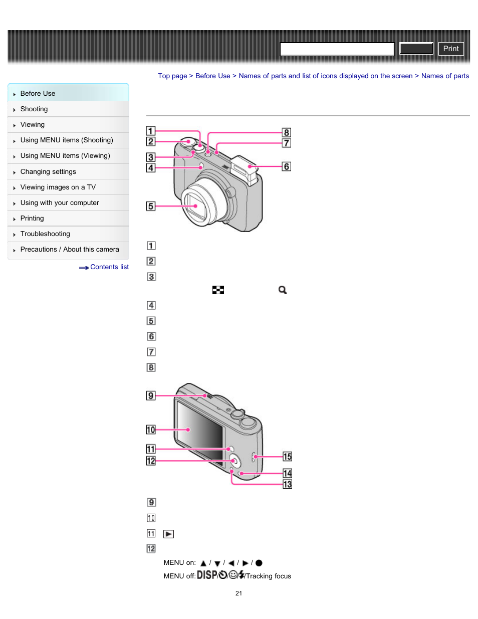 Names of parts, Cyber-shot user guide | Sony DSC-H90 User Manual | Page 21 / 185