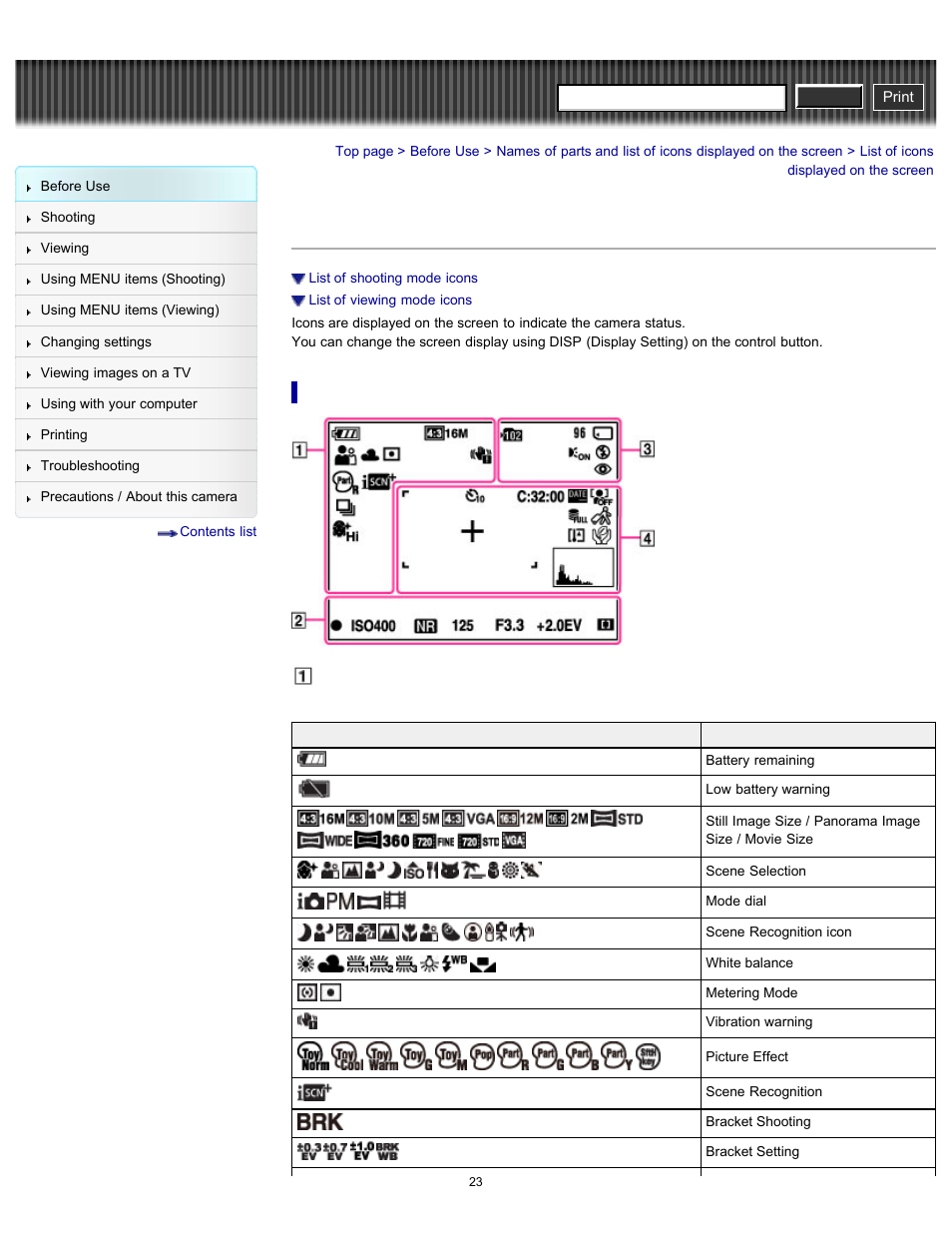 List of icons displayed on the screen, Cyber-shot user guide | Sony DSC-H90 User Manual | Page 23 / 185