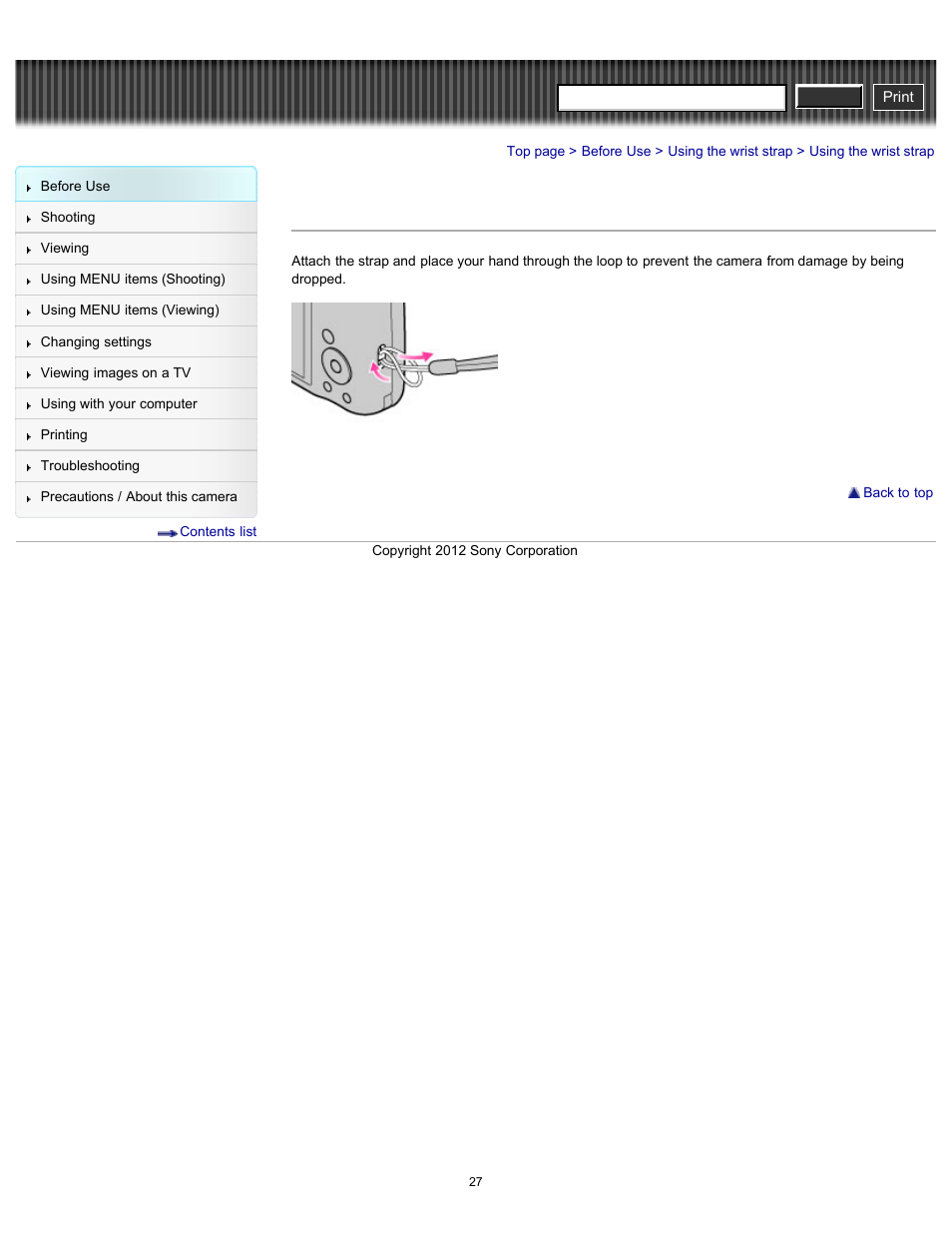 Using the wrist strap, Cyber-shot user guide | Sony DSC-H90 User Manual | Page 27 / 185
