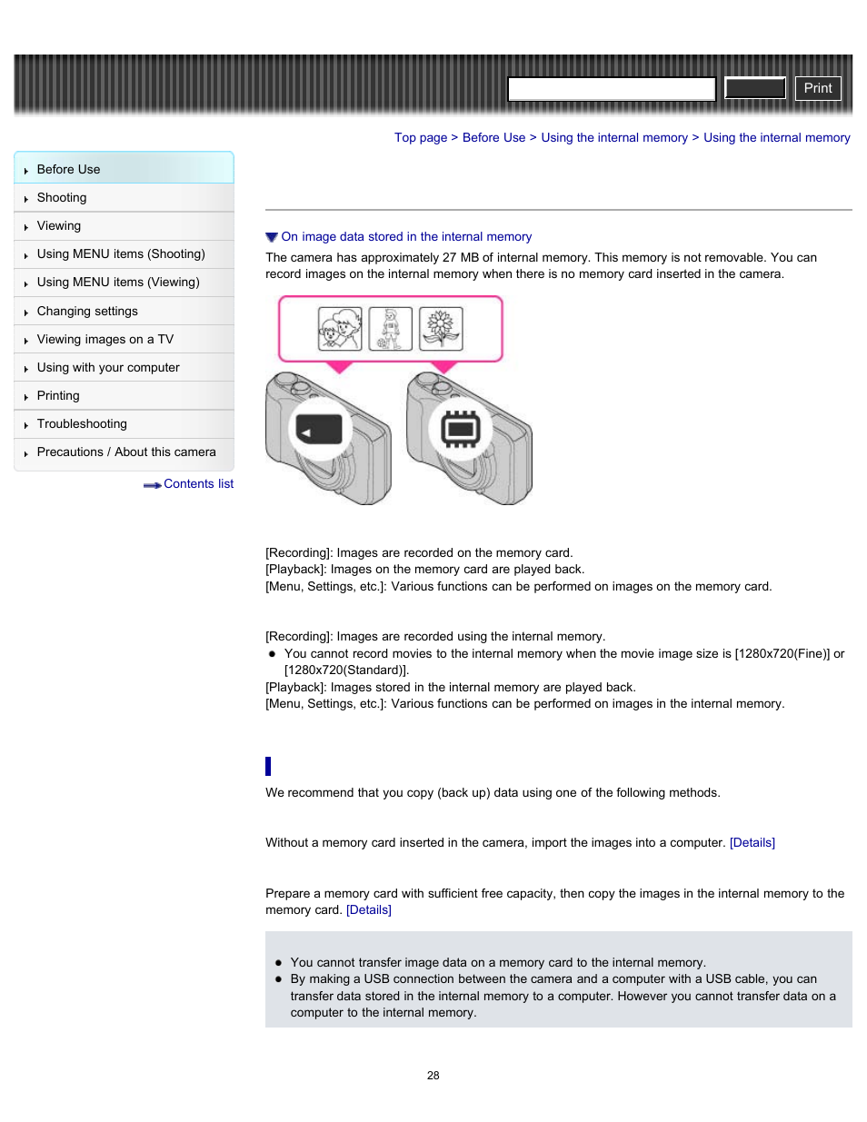 Using the internal memory, Cyber-shot user guide | Sony DSC-H90 User Manual | Page 28 / 185