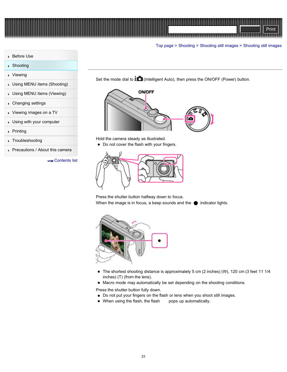 Shooting still images, Cyber-shot user guide | Sony DSC-H90 User Manual | Page 31 / 185