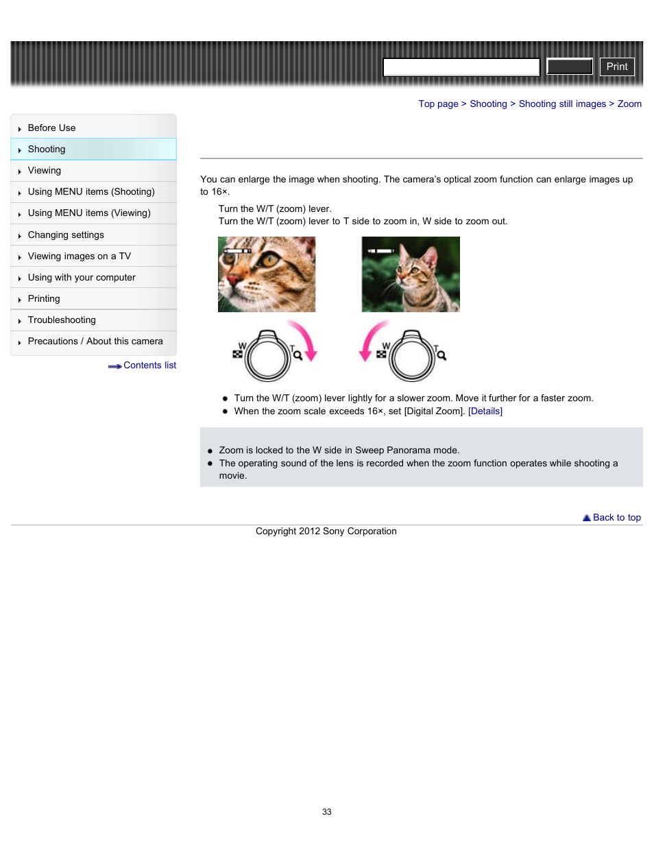Zoom, Cyber-shot user guide | Sony DSC-H90 User Manual | Page 33 / 185