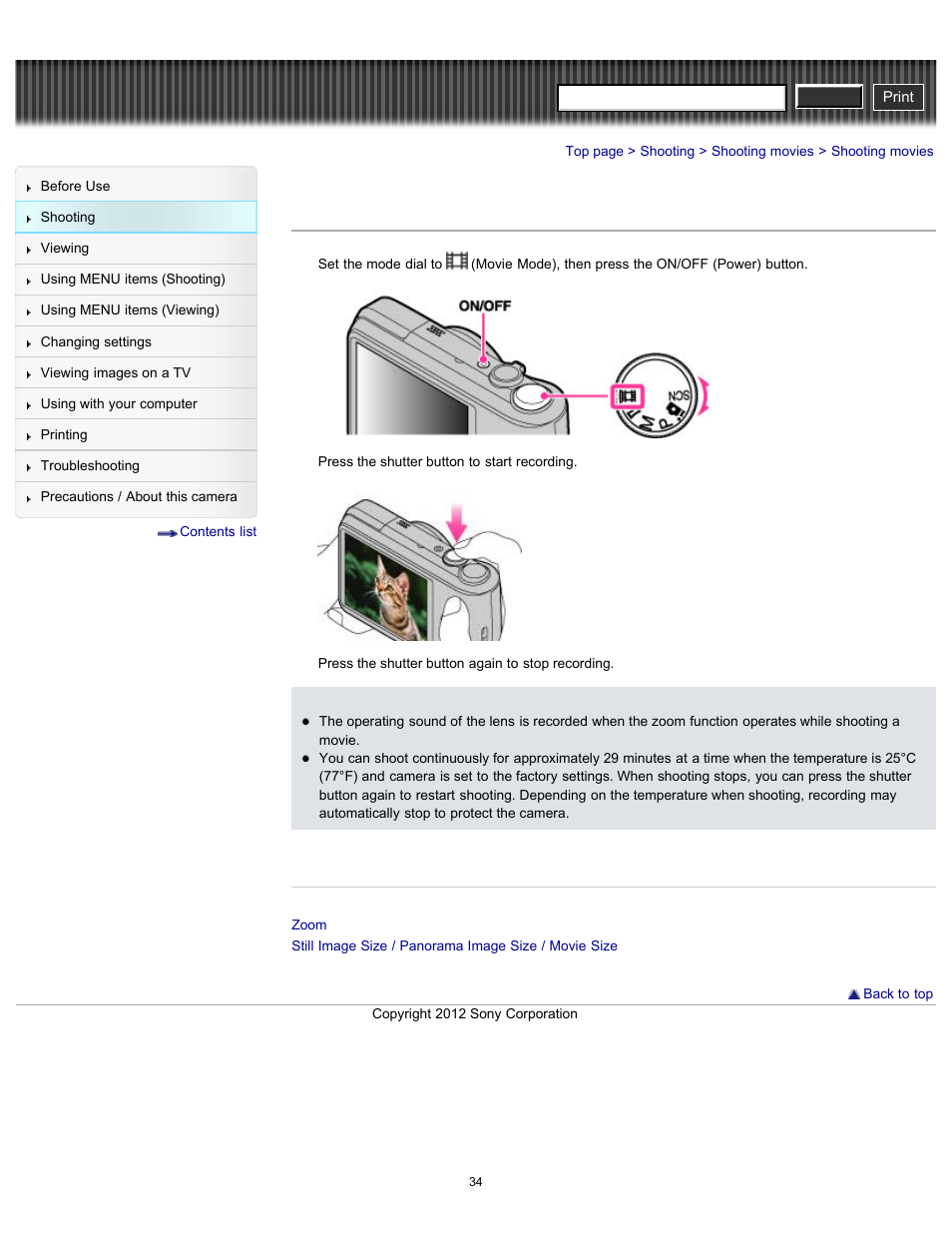 Shooting movies, Cyber-shot user guide | Sony DSC-H90 User Manual | Page 34 / 185