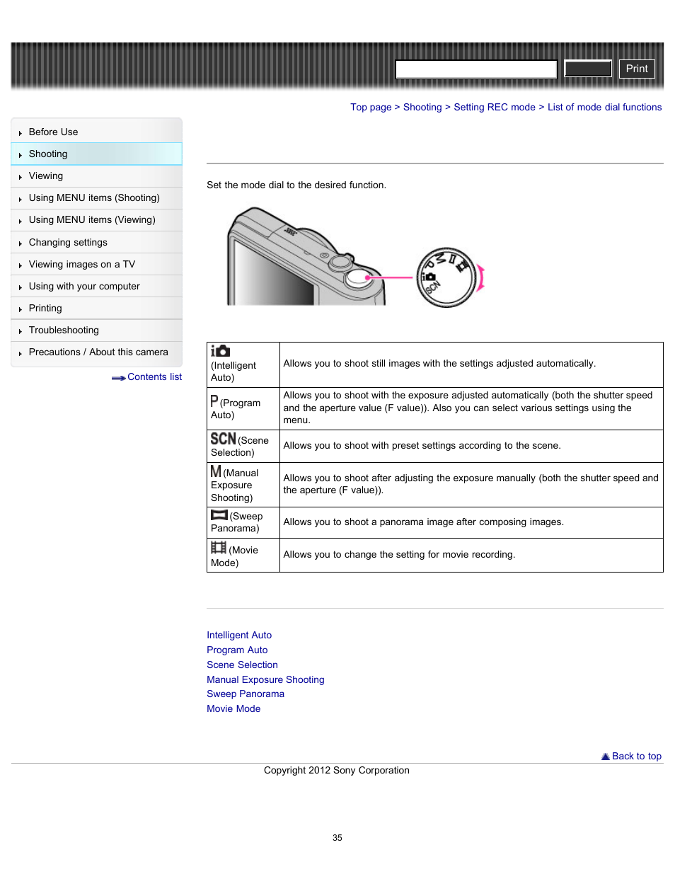 List of mode dial functions, Cyber-shot user guide | Sony DSC-H90 User Manual | Page 35 / 185