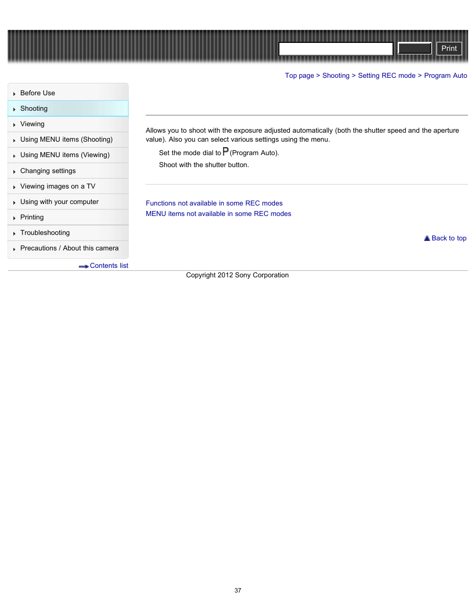 Program auto, Cyber-shot user guide | Sony DSC-H90 User Manual | Page 37 / 185
