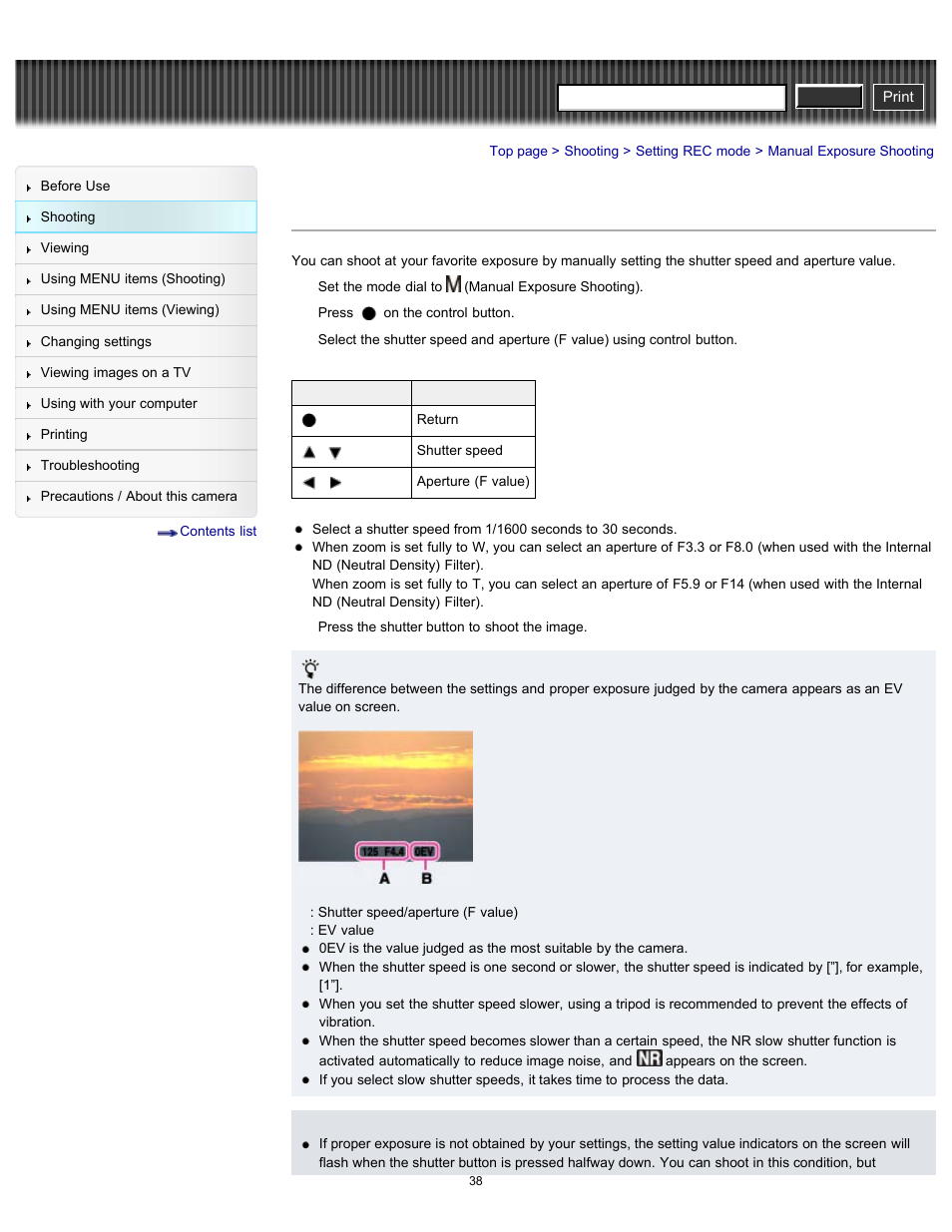 Manual exposure shooting, Cyber-shot user guide | Sony DSC-H90 User Manual | Page 38 / 185