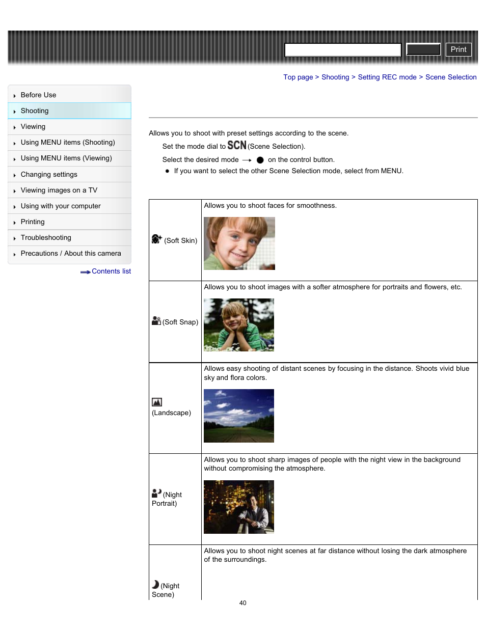 Scene selection, Cyber-shot user guide | Sony DSC-H90 User Manual | Page 40 / 185