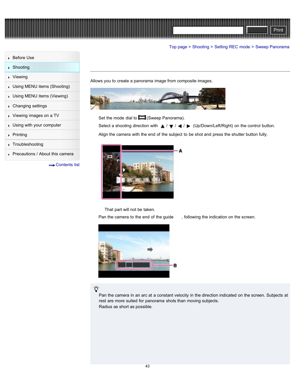 Sweep panorama, Cyber-shot user guide | Sony DSC-H90 User Manual | Page 43 / 185