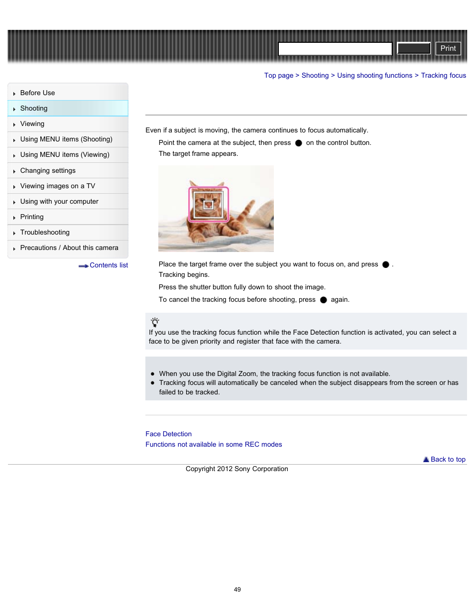 Tracking focus, Cyber-shot user guide | Sony DSC-H90 User Manual | Page 49 / 185
