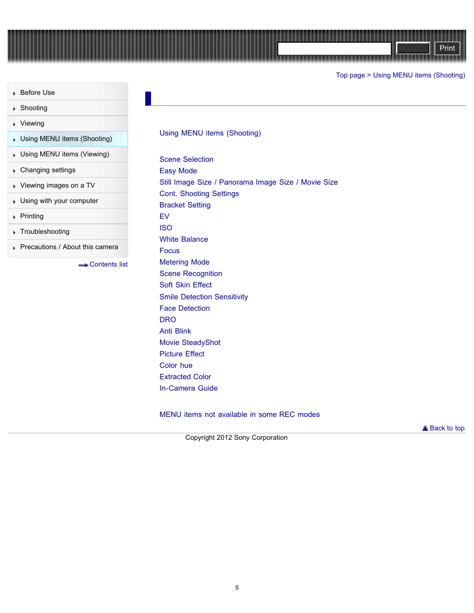 Using menu items (shooting), Cyber-shot user guide | Sony DSC-H90 User Manual | Page 5 / 185