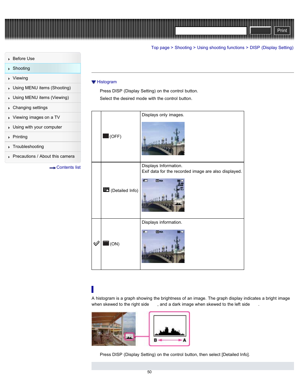 Disp (display setting), Cyber-shot user guide | Sony DSC-H90 User Manual | Page 50 / 185