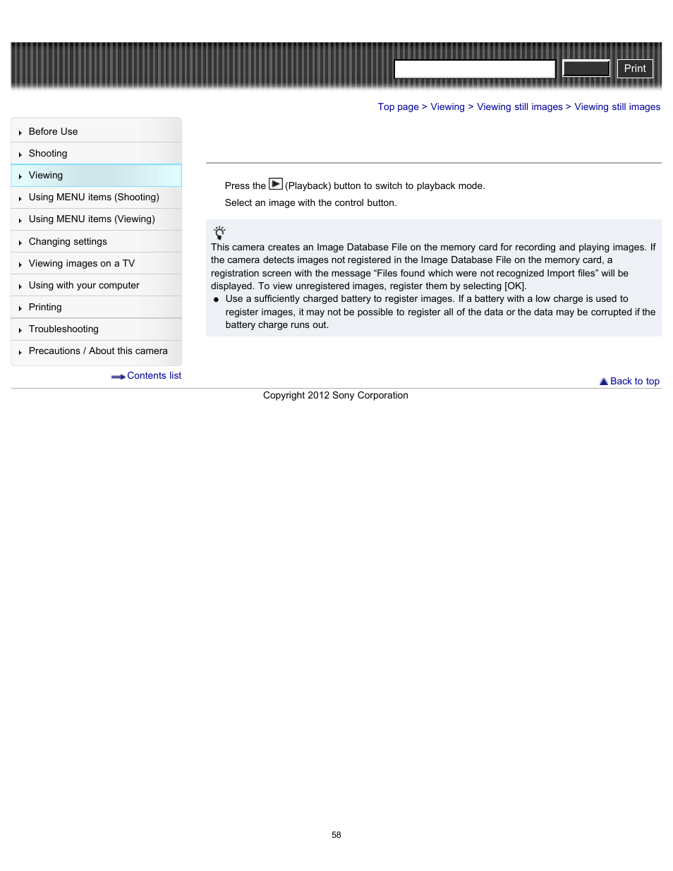 Viewing still images, Cyber-shot user guide | Sony DSC-H90 User Manual | Page 58 / 185