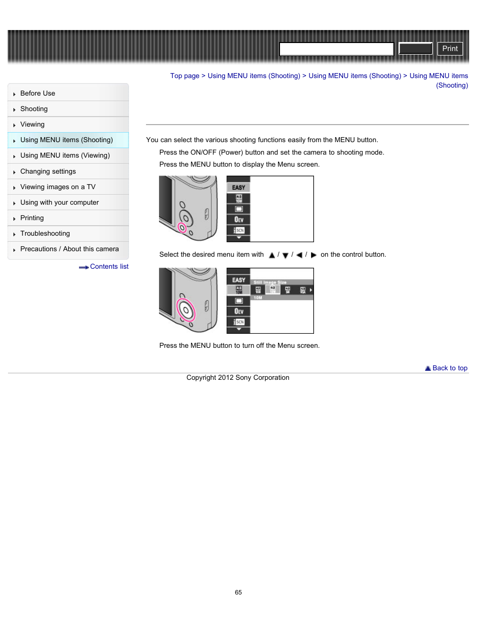 Using menu items (shooting), Cyber-shot user guide | Sony DSC-H90 User Manual | Page 65 / 185