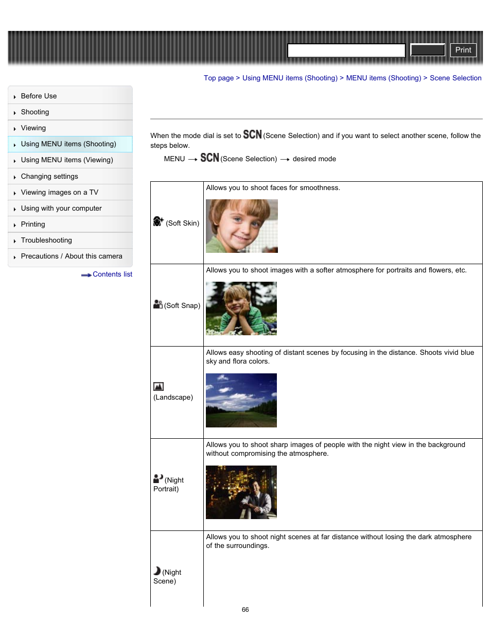 Scene selection, Cyber-shot user guide | Sony DSC-H90 User Manual | Page 66 / 185