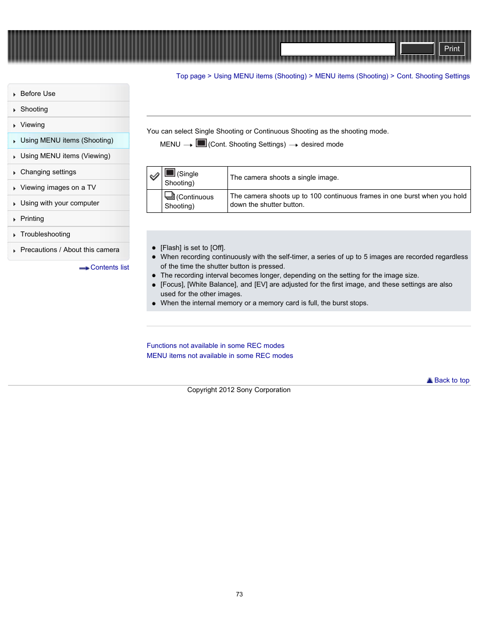 Cont. shooting settings, Cyber-shot user guide | Sony DSC-H90 User Manual | Page 73 / 185