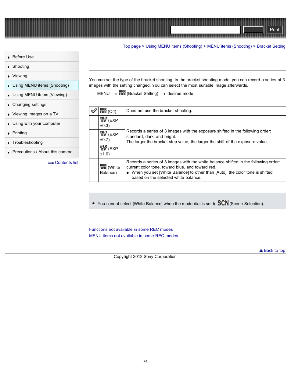 Bracket setting, Cyber-shot user guide | Sony DSC-H90 User Manual | Page 74 / 185