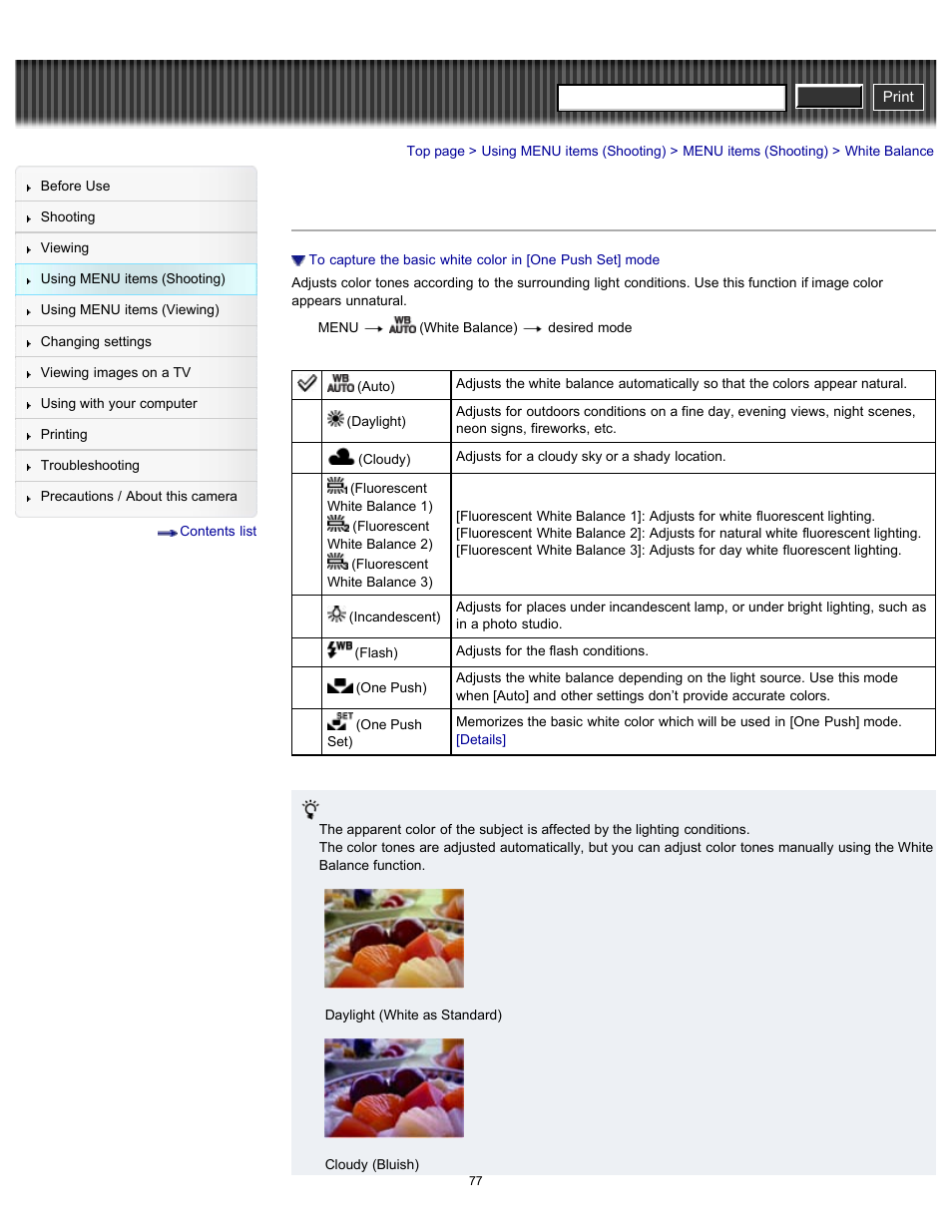 White balance, Cyber-shot user guide | Sony DSC-H90 User Manual | Page 77 / 185