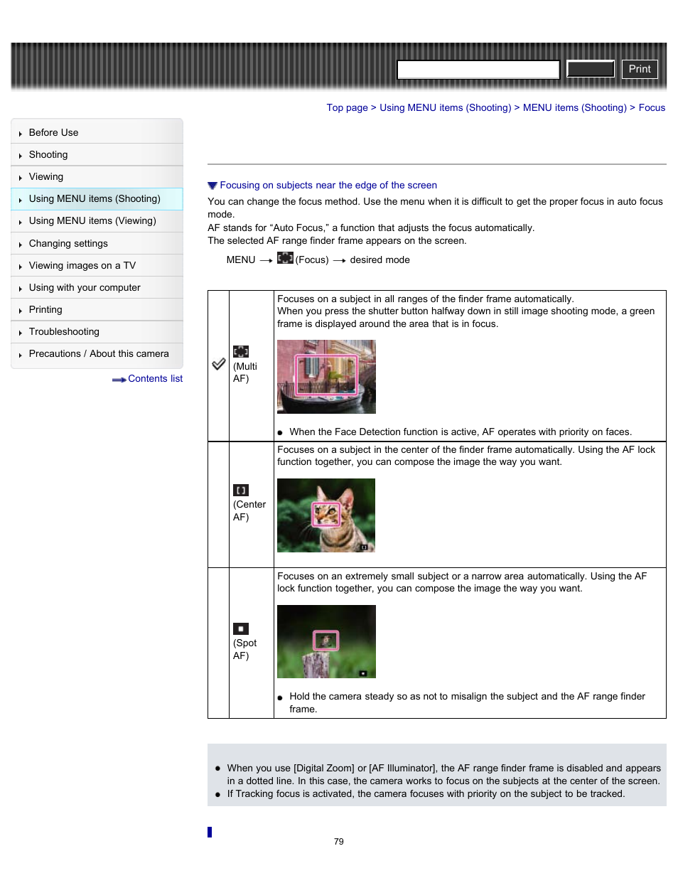 Focus, Details, Cyber-shot user guide | Sony DSC-H90 User Manual | Page 79 / 185