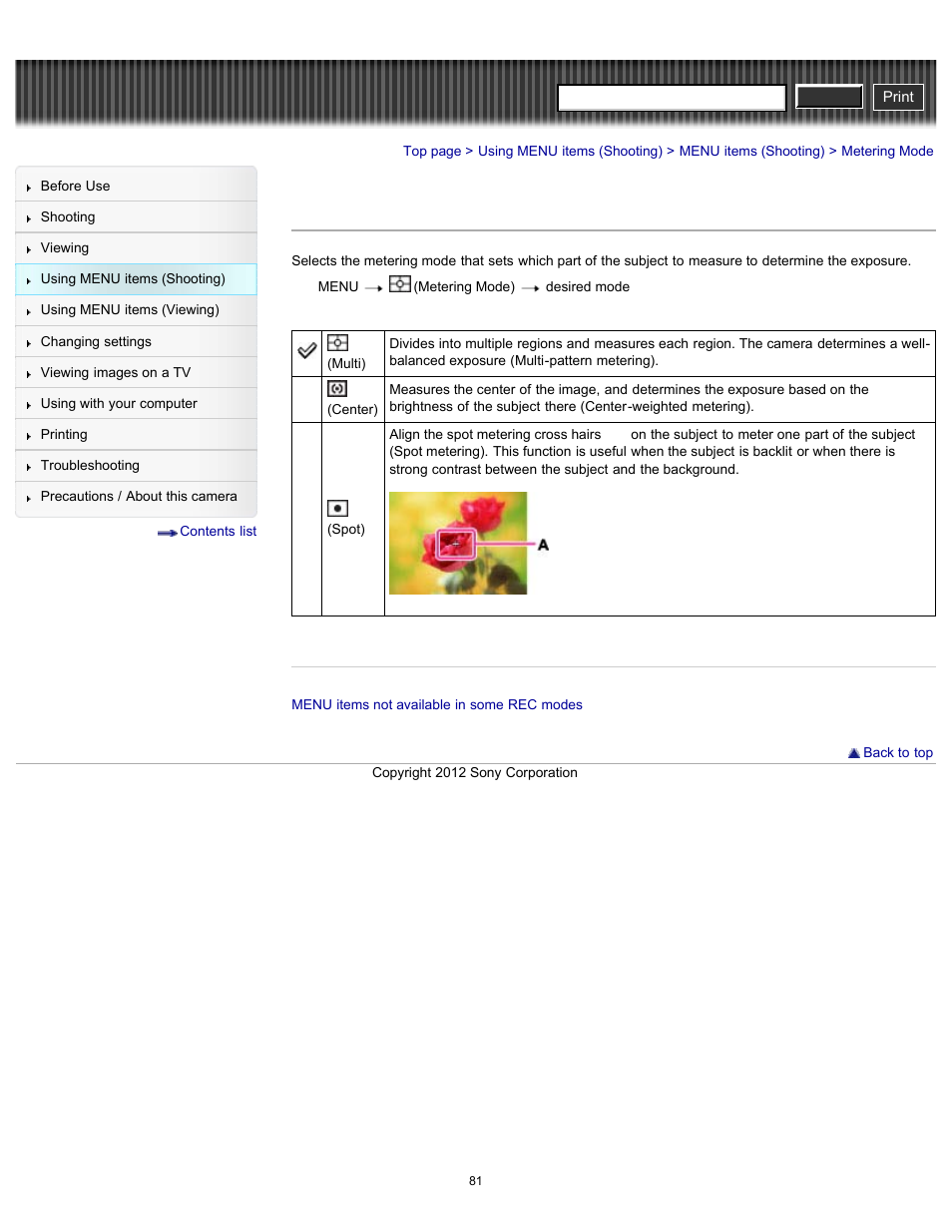 Metering mode, Cyber-shot user guide | Sony DSC-H90 User Manual | Page 81 / 185