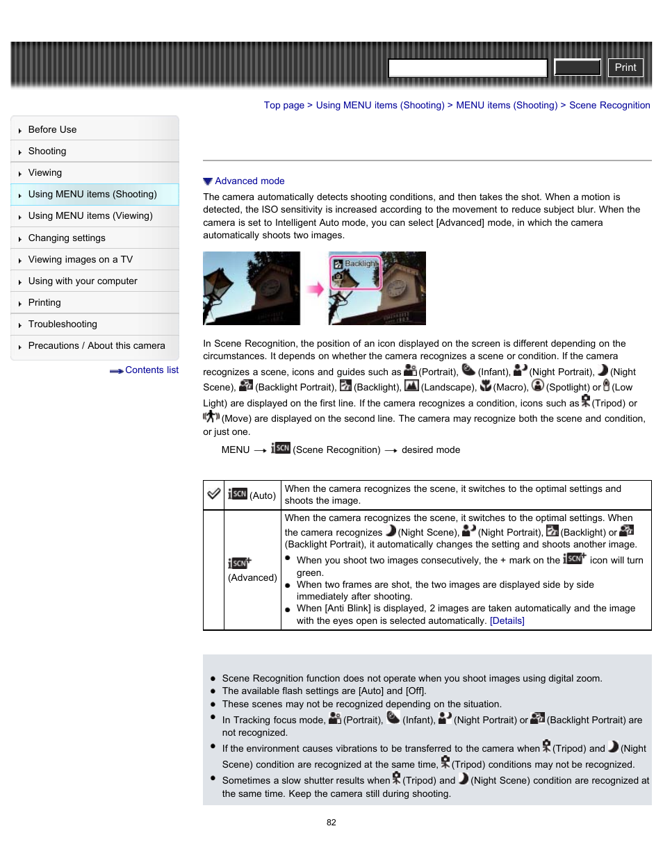 Scene recognition, Details, Cyber-shot user guide | Sony DSC-H90 User Manual | Page 82 / 185