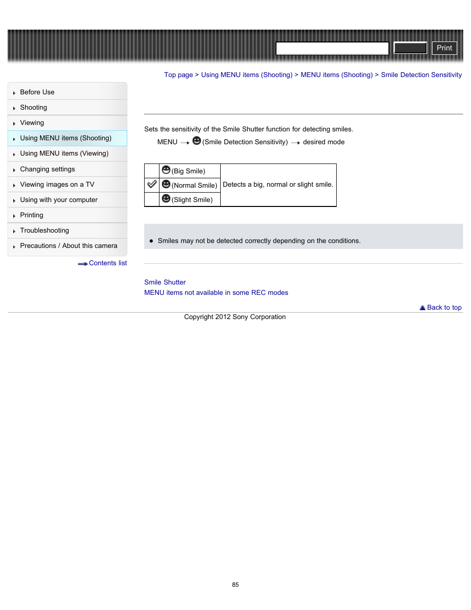Smile detection sensitivity, Cyber-shot user guide | Sony DSC-H90 User Manual | Page 85 / 185