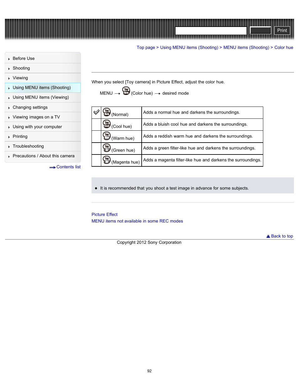Color hue, Cyber-shot user guide | Sony DSC-H90 User Manual | Page 92 / 185