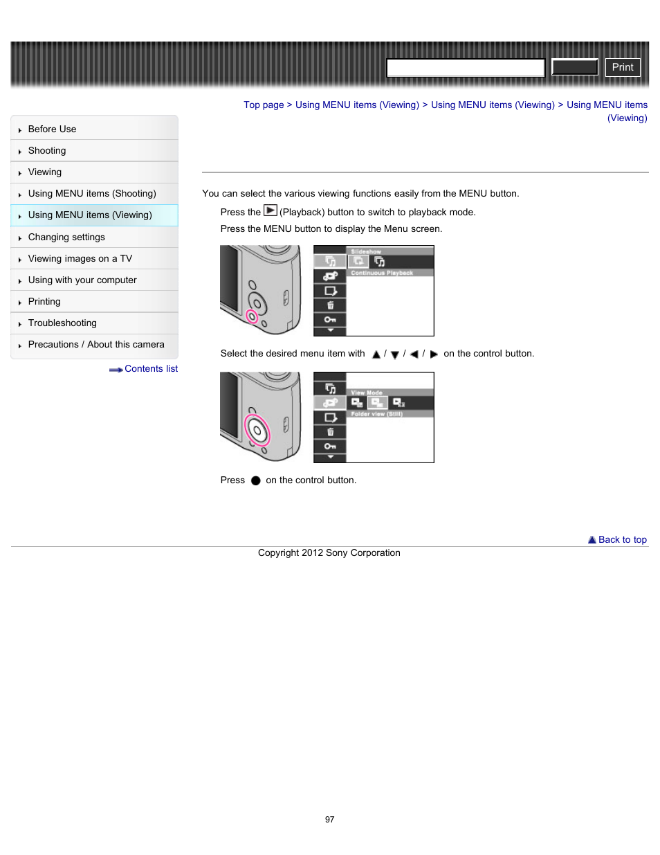 Using menu items (viewing), Cyber-shot user guide | Sony DSC-H90 User Manual | Page 97 / 185