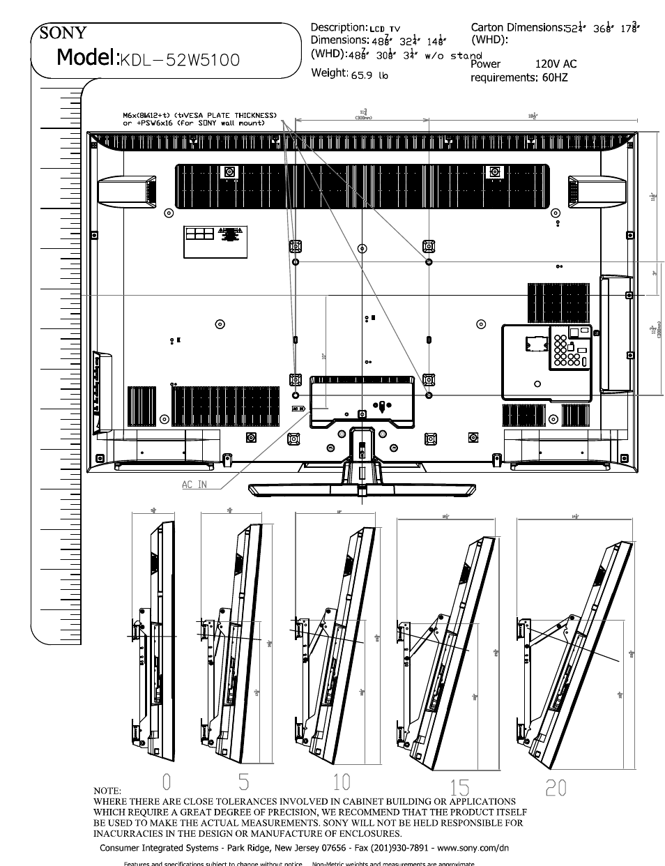 Y weight: 55,9 uo requirements: 60hz, Model, I (whd) | Oi-si | Sony KDL-52W5100 User Manual | Page 2 / 3