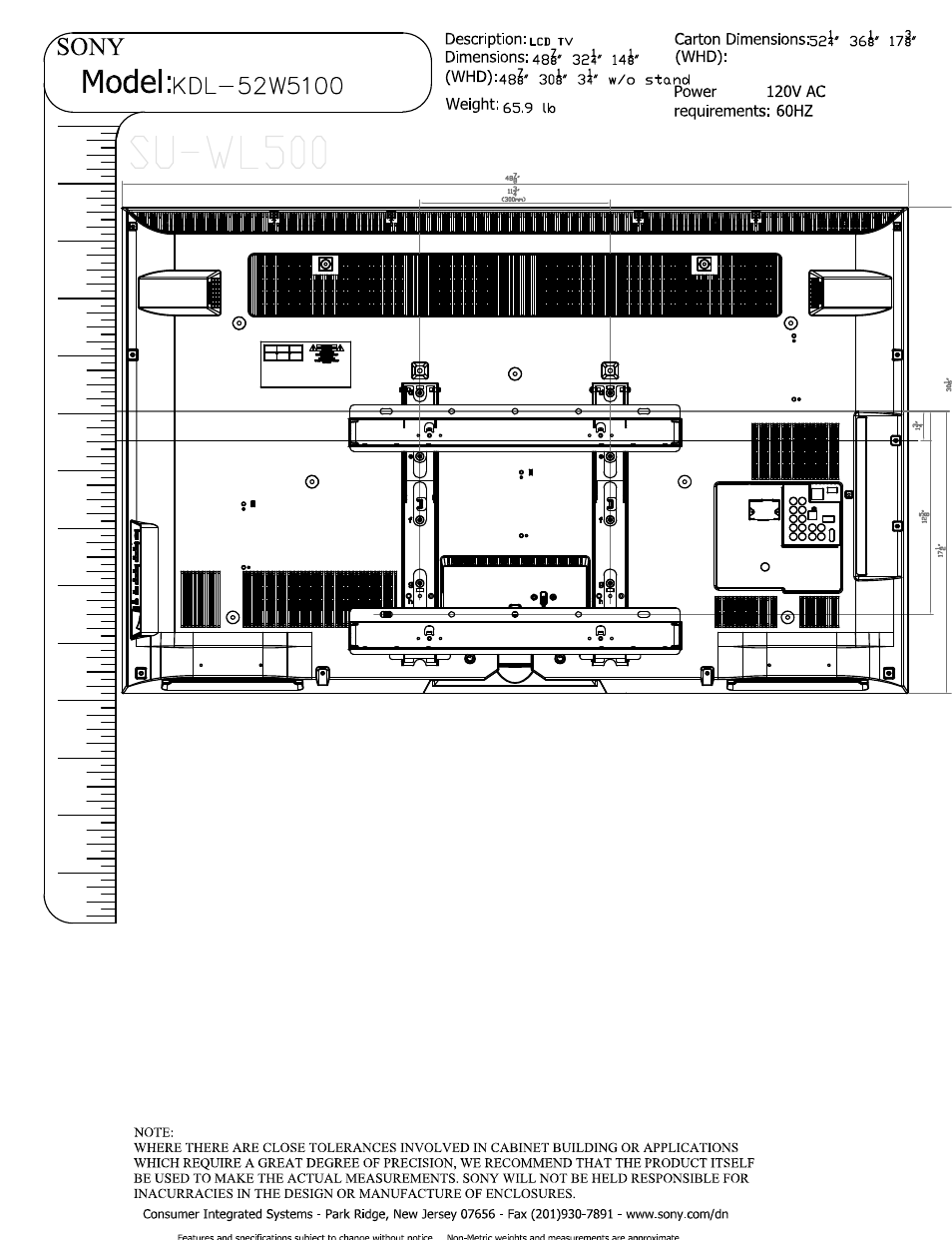 Weight: 55,9 uo requirements: 60hz, Model | Sony KDL-52W5100 User Manual | Page 3 / 3